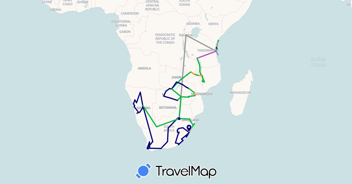 TravelMap itinerary: driving, bus, plane, train, hitchhiking, motorbike in Botswana, Kenya, Lesotho, Malawi, Namibia, Rwanda, Swaziland, Tanzania, South Africa, Zambia, Zimbabwe (Africa)